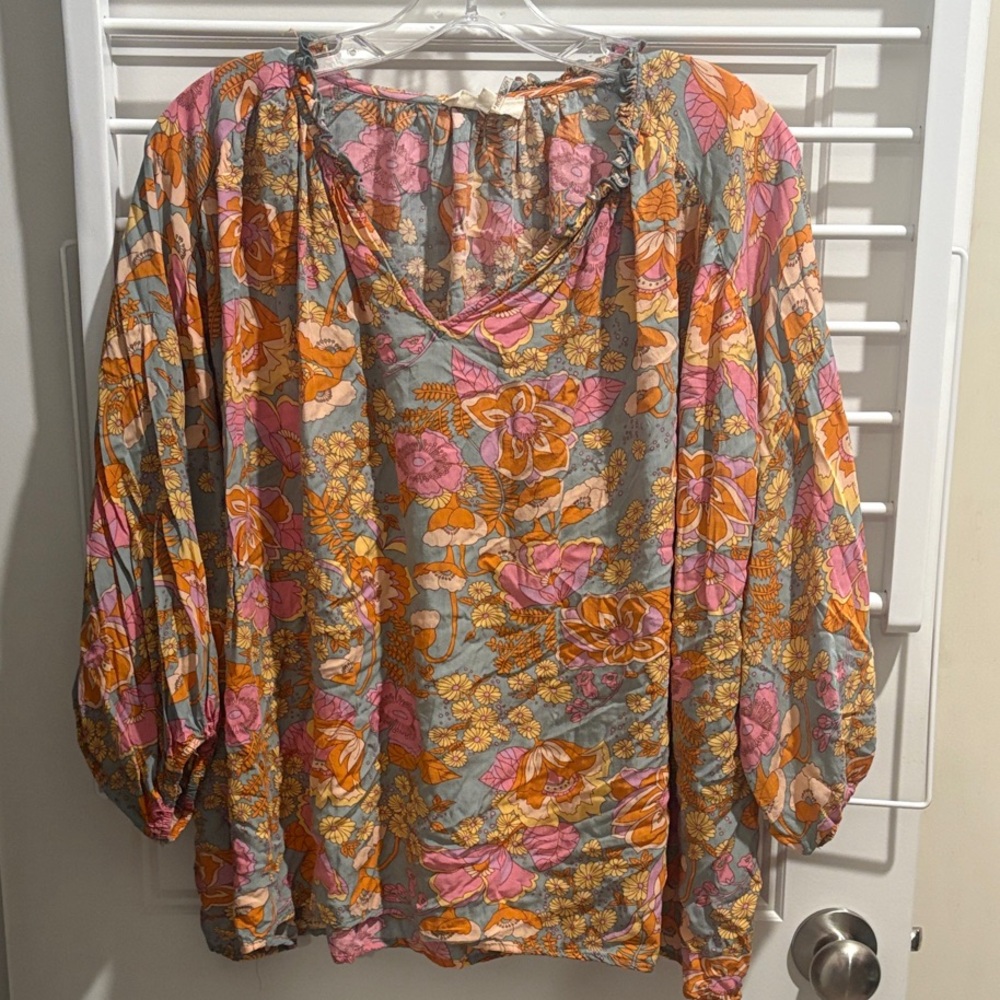 entro Floral Peasant Blouse in Pink, Orange, and Gray